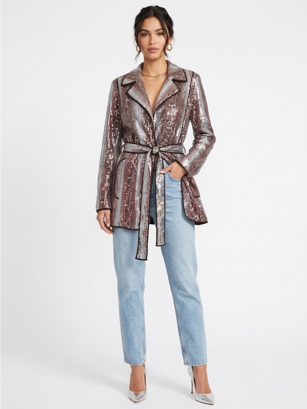 Chico's NWT Sequin Snake Print Belted Jacket Ravishing Silver Blazer 1 / Medium